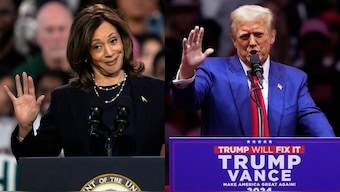(Left) Kamala Harris speaks during a community rally in Philadelphia. (Right) Donald Trump speaks at a campaign rally in New York.  File Image- AP