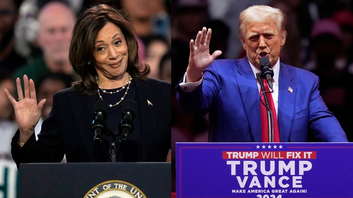 (Left) Kamala Harris speaks during a community rally in Philadelphia. (Right) Donald Trump speaks at a campaign rally in New York.  File Image- AP (Left) Kamala Harris speaks during a community rally in Philadelphia. (Right) Donald Trump speaks at a campaign rally in New York.  File Image- AP