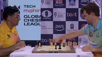 Chess legends Viswanathan Anand and Magnus Carlsen settled for a draw in the showdown between Ganges Grandmasters and Alpine SG Pipers on Day 1 of Global Chess League 2024. Image credit: Screengrab of video posted by @GCLlive on X