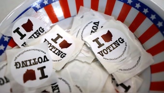 A bowl of voting stickers for early voters in Steubenville, Ohio. AP