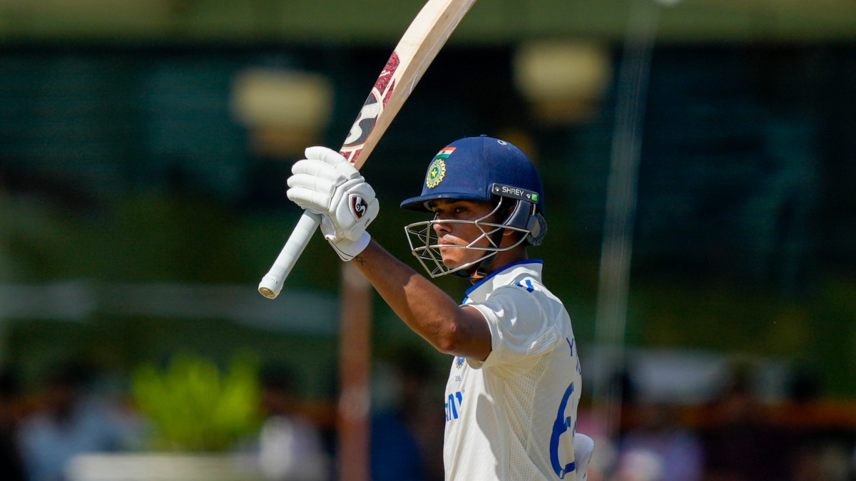 India's Yashasvi Jaiswal celebrates after completing his half-century in just 31 deliveries on Day 4 of the second Test against Bangladesh in Kanpur. PTI India's Yashasvi Jaiswal celebrates after completing his half-century in just 31 deliveries on Day 4 of the second Test against Bangladesh in Kanpur. PTI