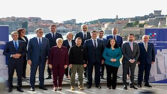 Ukrainian President Volodymyr Zelenskyy, centre left, poses with Croatian Prime Minister Andrej Plenkovic, centre right, and other regional leaders during the Southeast Europe Croatia Ukraine summit in Dubrovnik, Croatia, on Wednesday. AP 