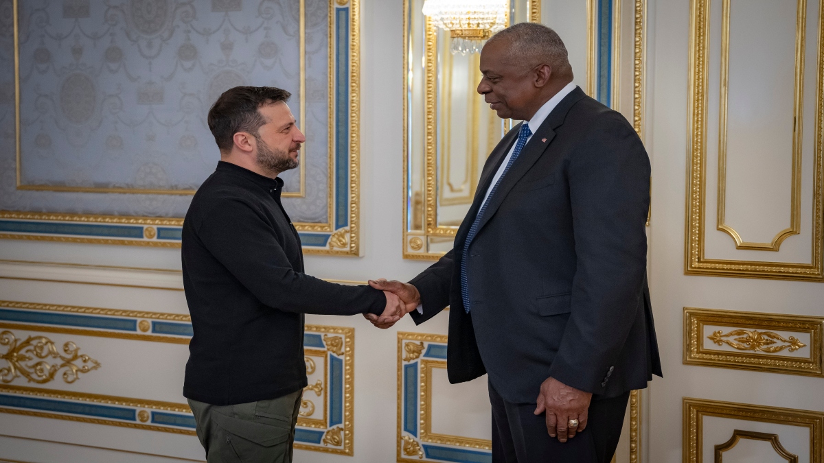 US Secretary of Defence Lloyd Austin, right, and Ukraine's President Volodymyr Zelenskyy shake hands during their meeting in Kyiv, Ukraine, on Monday. AP US Secretary of Defence Lloyd Austin, right, and Ukraine's President Volodymyr Zelenskyy shake hands during their meeting in Kyiv, Ukraine, on Monday. AP