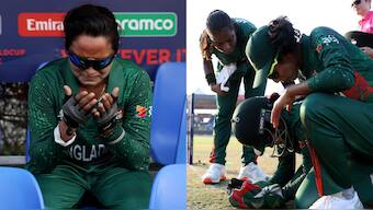 Nigar Sultana Joty bursts into tears as Bangladesh win a match at Women's T20 World Cup 2024. Images: ICC