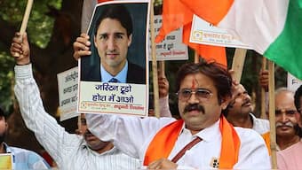 A few Indians stage a protest against Canada PM Justin Trudeau. File image/PTI