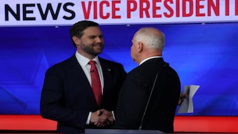 Democratic vice presidential nominee Minnesota Governor Tim Walz and Republican vice presidential nominee US Senator JD Vance shake hands at the end of the vice presidential debate hosted by CBS in New York, US. Reuters