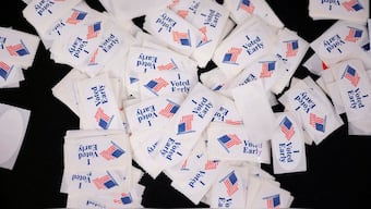 Stickers are pictured on the second day of early voting in Wisconsin in Milwaukee, Wisconsin, US, October 23, 2024. File Image/Reuters