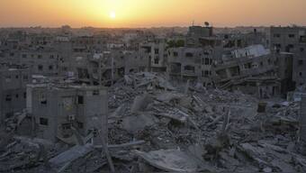Destruction left by the Israeli air and ground offensive is seen in Khan Younis, Gaza Strip. A year after the Israel-Hamas war, several top Hamas leaders have been killed but the group has not been vanquished. AP