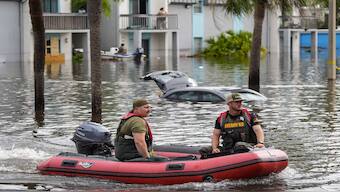 A water rescue boat moves in flood waters at an apartment complex in the aftermath of Hurricane Milton in Clearwater, Florida. AP