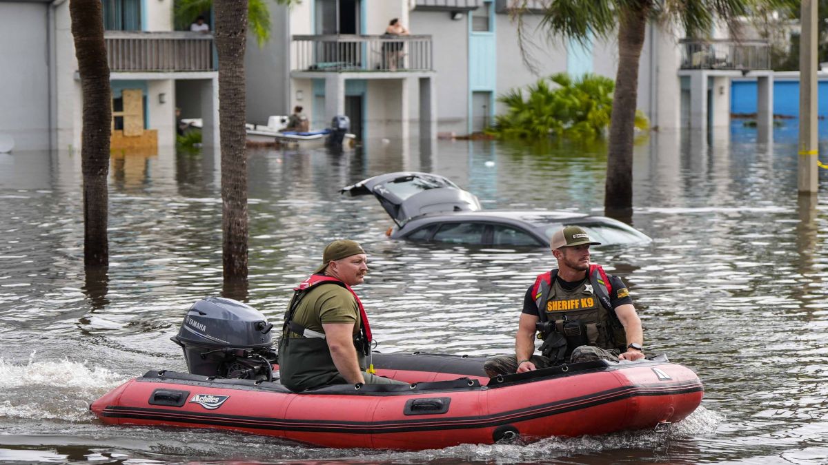A water rescue boat moves in flood waters at an apartment complex in the aftermath of Hurricane Milton in Clearwater, Florida. AP A water rescue boat moves in flood waters at an apartment complex in the aftermath of Hurricane Milton in Clearwater, Florida. AP