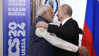 Russian President Vladimir Putin embraces Prime Minister Narendra Modi during their meeting on the sidelines of BRICS Summit at Kazan Kremlin in Kazan, Russia, on October 22. AP