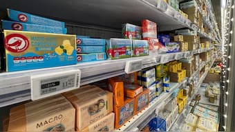 Blocks of butter are seen on shelves in a store in Moscow. Reuters