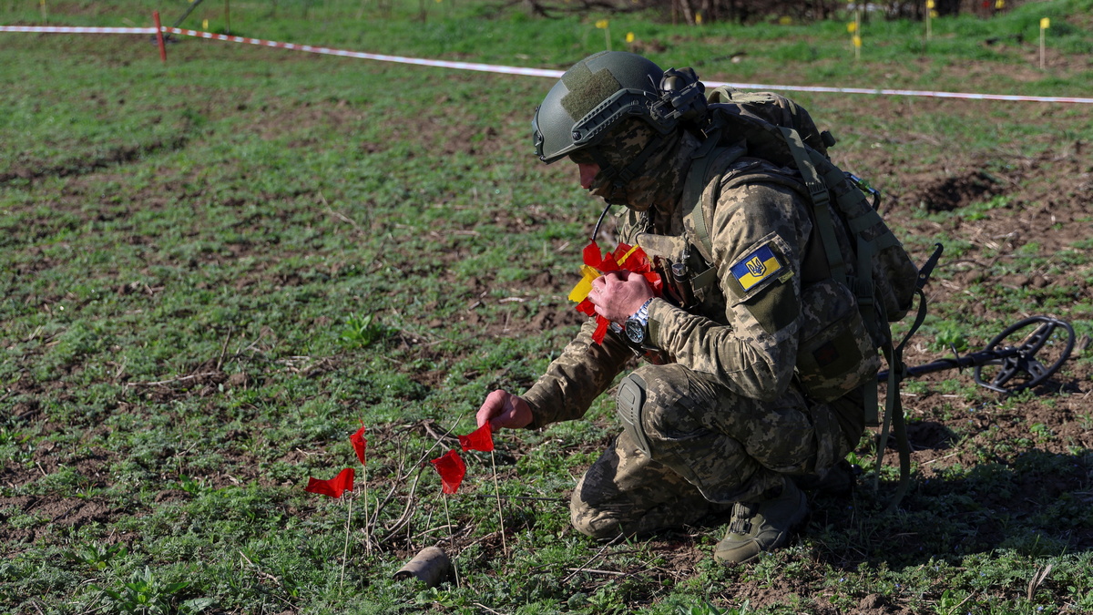 A Ukrainian military sapper places red flags next to a part of a Russian cluster bomb while demining a field. Reuters A Ukrainian military sapper places red flags next to a part of a Russian cluster bomb while demining a field. Reuters