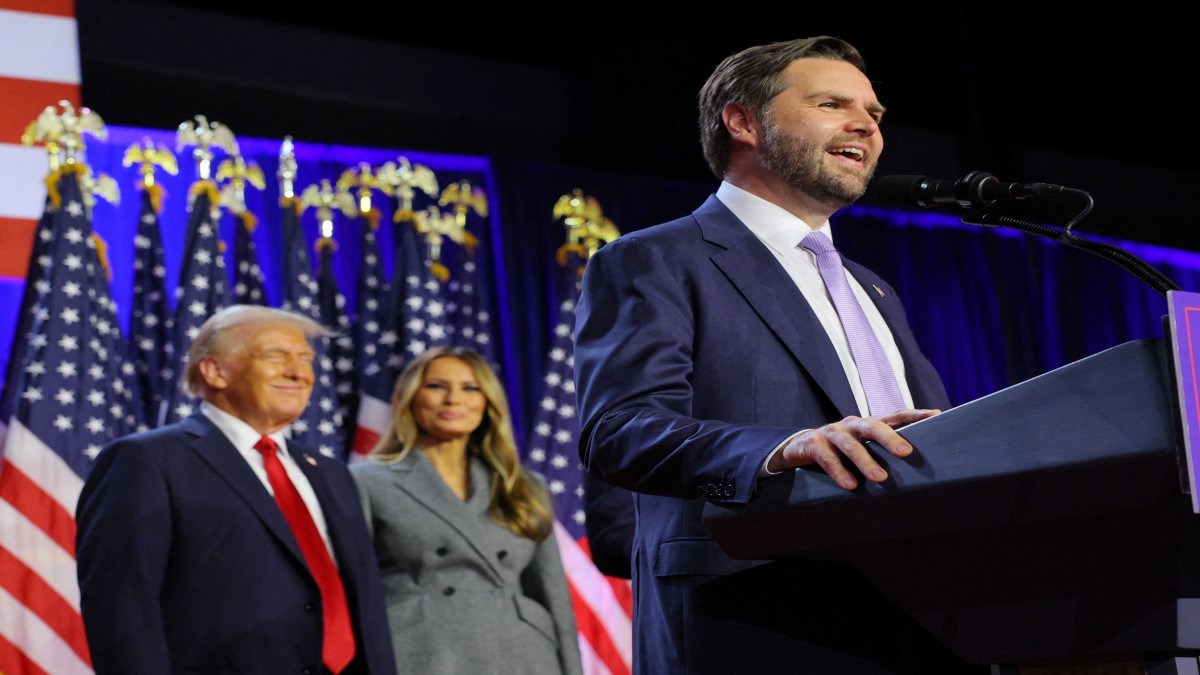 Republican vice presidential nominee JD Vance speaks as Republican presidential nominee and former U.S. President Donald Trump and his wife Melania watch as he addresses supporters at Trump's rally, at the Palm Beach County Convention Center in West Palm Beach, Florida, US, November 6, 2024. Reuters Republican vice presidential nominee JD Vance speaks as Republican presidential nominee and former U.S. President Donald Trump and his wife Melania watch as he addresses supporters at Trump's rally, at the Palm Beach County Convention Center in West Palm Beach, Florida, US, November 6, 2024. Reuters