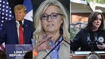 US Vice President Kamala Harris (right) called for disqualification of former US President Donald Trump (left) over his violent rhetoric against former congresswoman Liz Cheney (centre). AP