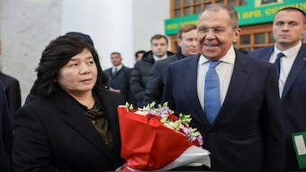 In this handout picture released by the Russian Foreign Ministry on November 1, 2024, Russian Foreign Minister Sergei Lavrov and North Korean Foreign Minister Choe Son Hui attend a ceremony unveiling a memorial plaque dedicated to Kim Il Sung's visit to the USSR in 1949, at Moscow's Yaroslavsky railway station. AFP