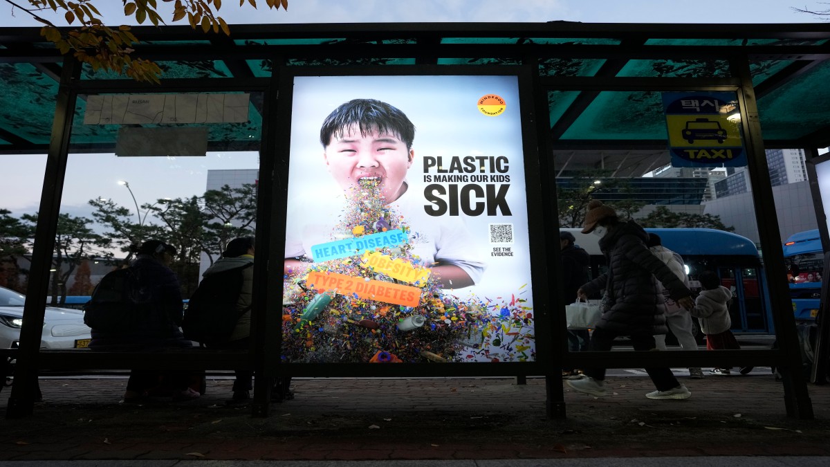 A display board shows a call for a reduction in plastic production during the fifth session of the Intergovernmental Negotiating Committee on Plastic Pollution, at a taxi station in Busan, South Korea. AP A display board shows a call for a reduction in plastic production during the fifth session of the Intergovernmental Negotiating Committee on Plastic Pollution, at a taxi station in Busan, South Korea. AP