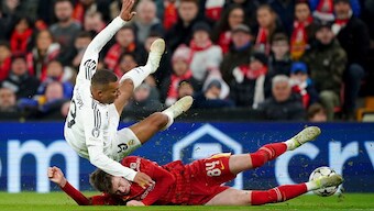 Conor Bradley's tackle on Real Madrid's Kylian Mbappe during the Champions League match has become an internet sensation. Image: Reuters