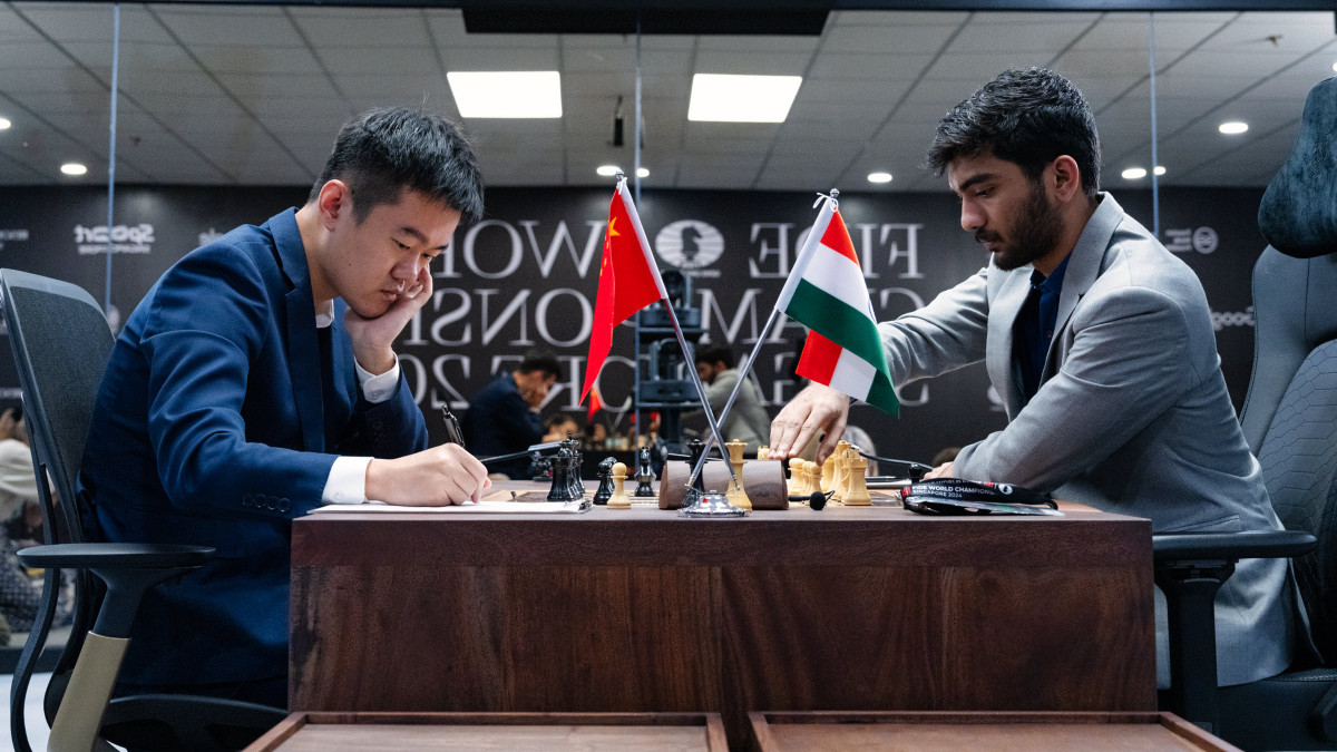 Ding Liren and D Gukesh remain level on 2.5 points out of a possible five, with three games ending in a draw and the two contestants winning one each. Image credit: Maria Emelianova via FIDE Ding Liren and D Gukesh remain level on 2.5 points out of a possible five, with three games ending in a draw and the two contestants winning one each. Image credit: Maria Emelianova via FIDE