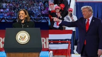 Republican presidential nominee and former US President Donald Trump holds a campaign rally at JS Dorton Arena in Raleigh, North Carolina, US on November 4, 2024, while Vice President and Democratic candidate Kamala Harris at a rally in Wisconsin. Source" REUTERS | X | @KamalaHarris.