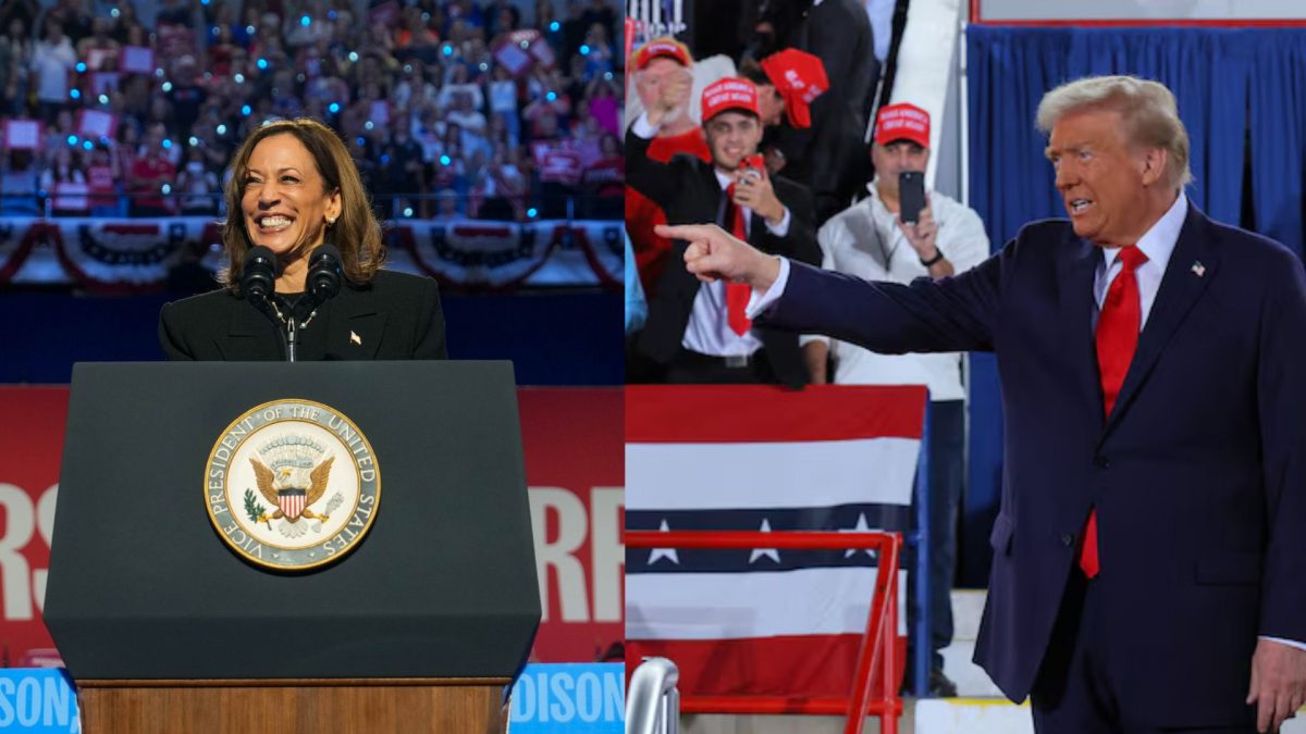 Republican presidential nominee and former US President Donald Trump holds a campaign rally at JS Dorton Arena in Raleigh, North Carolina, US on November 4, 2024, while Vice President and Democratic candidate Kamala Harris at a rally in Wisconsin. Source" REUTERS | X | @KamalaHarris. Republican presidential nominee and former US President Donald Trump holds a campaign rally at JS Dorton Arena in Raleigh, North Carolina, US on November 4, 2024, while Vice President and Democratic candidate Kamala Harris at a rally in Wisconsin. Source" REUTERS | X | @KamalaHarris.