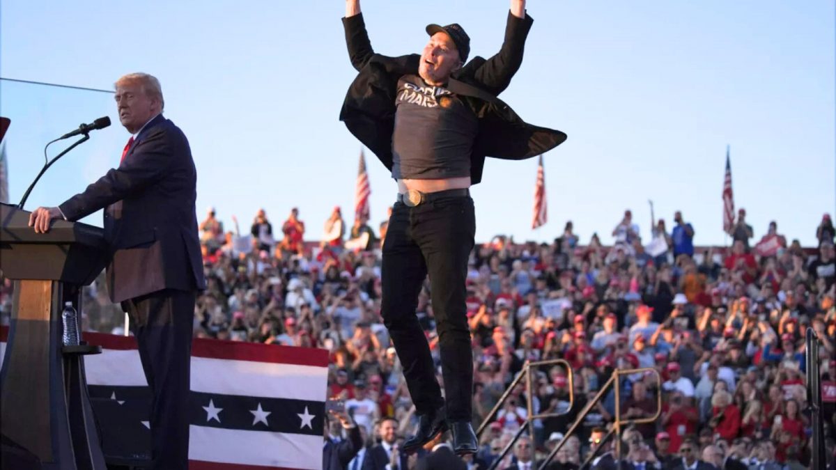 Billionaire Elon Musk jumps around on stage in support of Donald Trump at one of his election campaign rallies. Source: AP. Billionaire Elon Musk jumps around on stage in support of Donald Trump at one of his election campaign rallies. Source: AP.