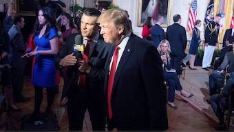 Donald Trump appears on Fox & Friends co-host Pete Hegseth at a Wounded Warrior Project Soldier Ride event in the East Room of the White House in Washington, Thursday, April 6, 2017. Source: AP | File.