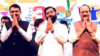 Maharashtra Chief Minister Eknath Shinde (centre) and Deputy Chief Ministers Devendra Fadnavis (left) and Ajit Pawar (right) during a Mahayuti workers meeting, in Mumbai on July 6, 2024. Source: PTI| FILE.