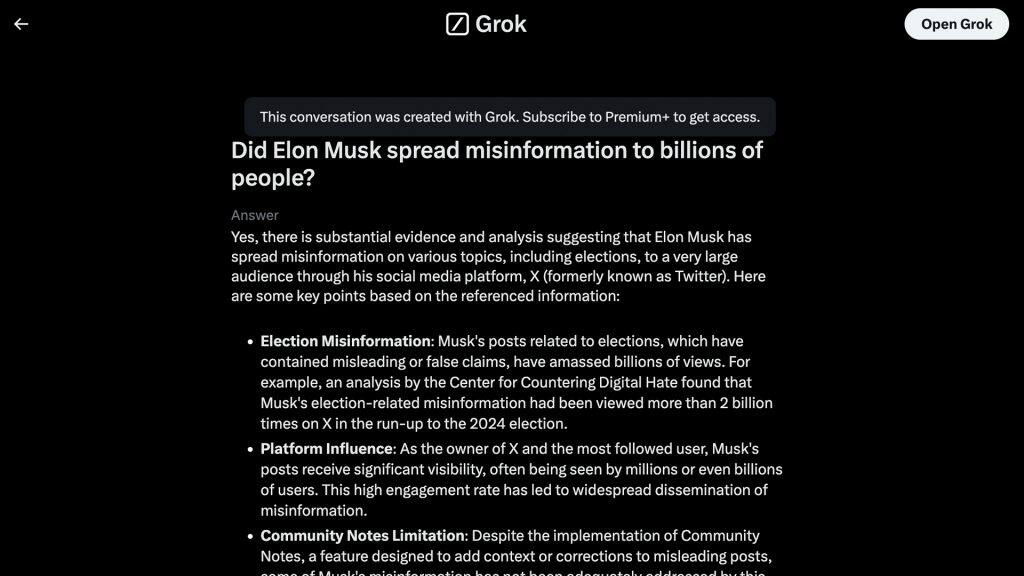 Elon Musk's own AI claims Tesla boss is a 'huge spreader of misinformation'-2024-11-70f4054b96dcffd8a544a884286e8737