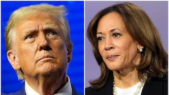Former US President Donald Trump (left), Vice President Kamala  Harris (right). AP