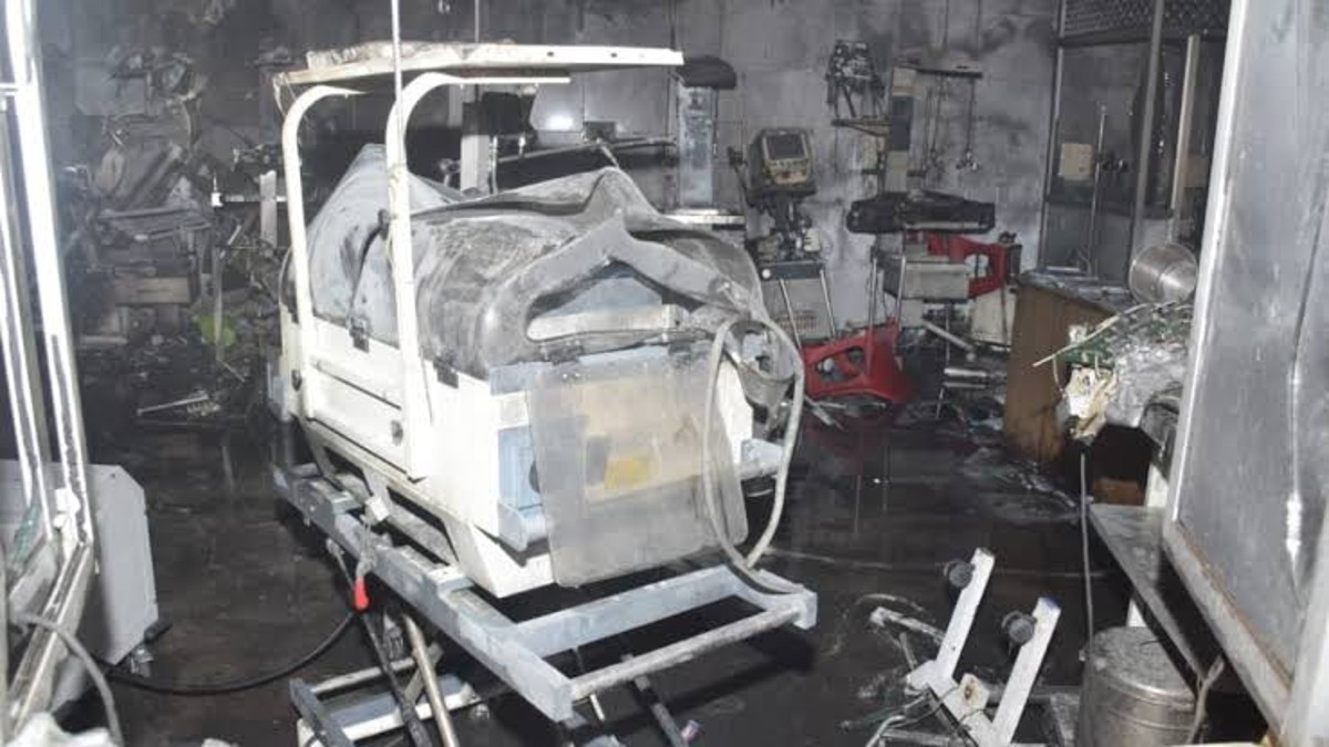 The fire erupted in the Maharani Laxmi Bai Medical College’s neonatal intensive care unit (NICU) around 10.45 pm. Image Courtesy: @SiddharthKG7/X The fire erupted in the Maharani Laxmi Bai Medical College’s neonatal intensive care unit (NICU) around 10.45 pm. Image Courtesy: @SiddharthKG7/X