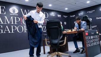 Ding Liren currently leads 1.5-0.5 against D Gukesh in the World Chess Championship 2024 after two matches. Image: FIDE/Chin An on X
