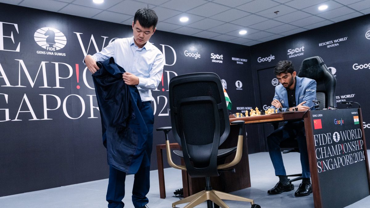 Ding Liren currently leads 1.5-0.5 against D Gukesh in the World Chess Championship 2024 after two matches. Image: FIDE/Chin An on X
Ding Liren currently leads 1.5-0.5 against D Gukesh in the World Chess Championship 2024 after two matches. Image: FIDE/Chin An on X