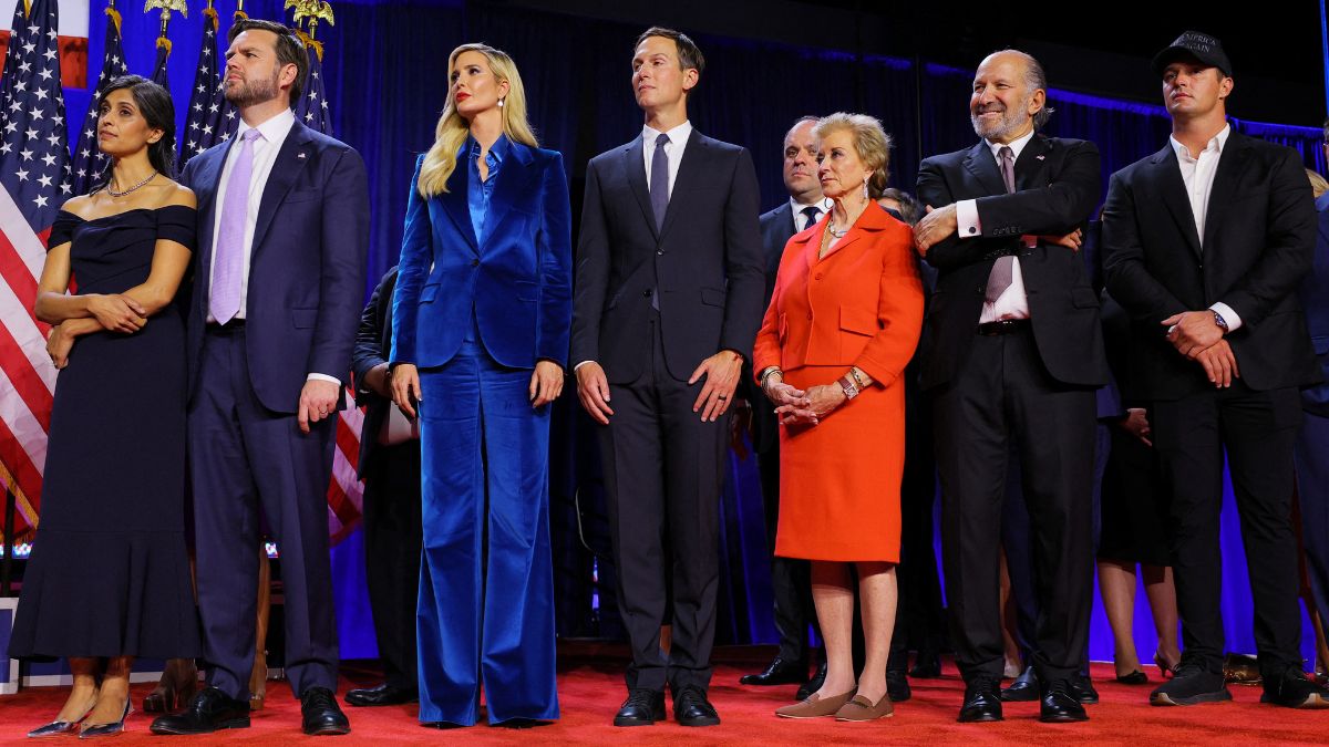 Republican vice presidential nominee JD Vance and his wife Usha, Ivanka Trump and her husband Jared Kushner, Linda McMahon, Howard Lutnick and Bryson Dechambeau listen as Republican presidential nominee former US President Donald Trump speaks at his election night rally at the Palm Beach County Convention Center in West Palm Beach, Florida, US, November 6, 2024. File Image/Reuters Republican vice presidential nominee JD Vance and his wife Usha, Ivanka Trump and her husband Jared Kushner, Linda McMahon, Howard Lutnick and Bryson Dechambeau listen as Republican presidential nominee former US President Donald Trump speaks at his election night rally at the Palm Beach County Convention Center in West Palm Beach, Florida, US, November 6, 2024. File Image/Reuters