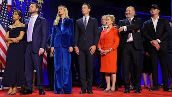 Republican vice presidential nominee JD Vance and his wife Usha, Ivanka Trump and her husband Jared Kushner, Linda McMahon, Howard Lutnick and Bryson Dechambeau listen as Republican presidential nominee former US President Donald Trump speaks at his election night rally at the Palm Beach County Convention Center in West Palm Beach, Florida, US, November 6, 2024. File Image/Reuters