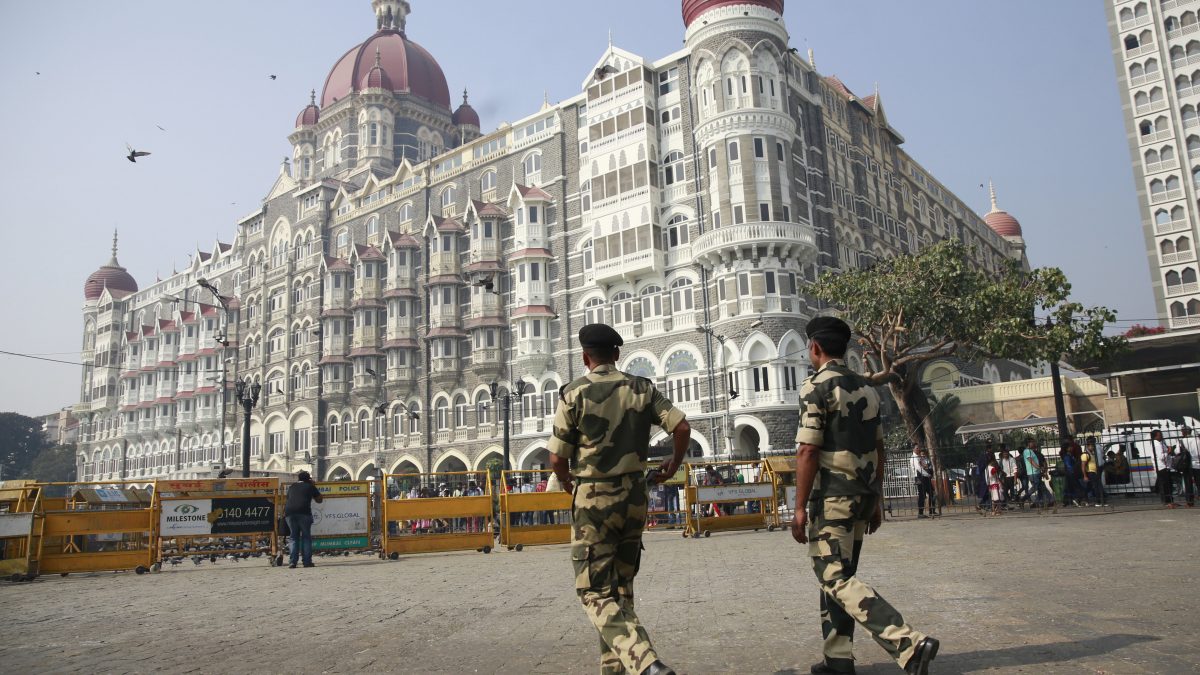 Indian police officers walk outside the Taj Mahal Hotel, one of the sites of the Mumbai terror attacks in Mumbai, India. File image/ AP Indian police officers walk outside the Taj Mahal Hotel, one of the sites of the Mumbai terror attacks in Mumbai, India. File image/ AP
