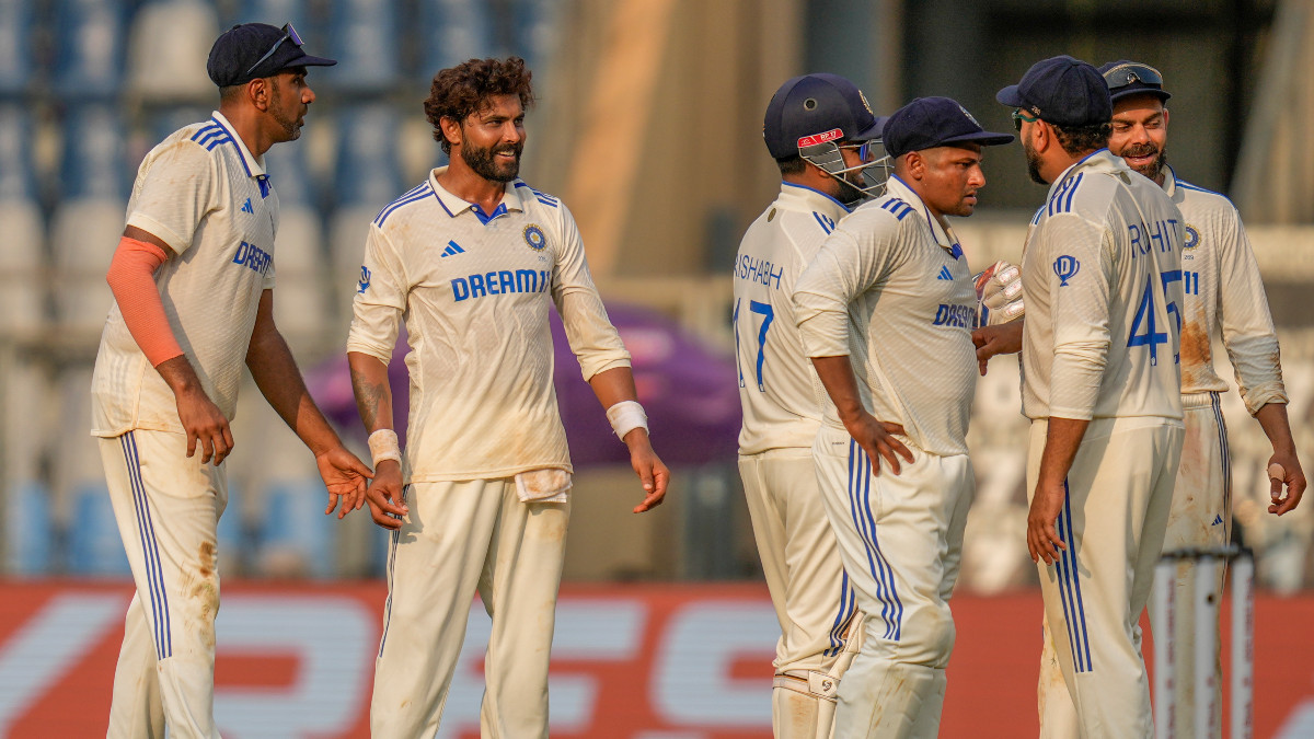 Ravindra Jadeja celebrates with teammates after dismissing Ish Sodhi on Day 2 of the third Test between India and New Zealand in Mumbai. AP Ravindra Jadeja celebrates with teammates after dismissing Ish Sodhi on Day 2 of the third Test between India and New Zealand in Mumbai. AP