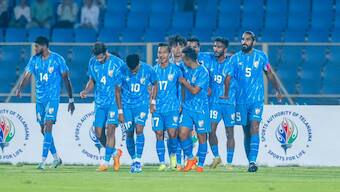 Indian players celebrate Rahul Bheke's 39th-minute equaliser in the international friendly match against Malaysia in Hyderabad. AIFF