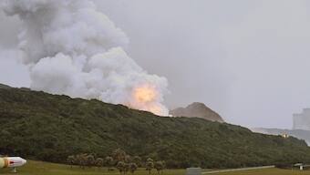 A fire that broke out during an engine combustion test of its Epsilon S rocket under development is seen at Tanegashima Space Center on the southwestern island of Tanegashima, Japan. Kyodo/via Reuters