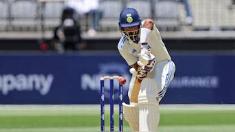 KL Rahul struck three boundaries before getting caught-behind off Mitchell Starc's bowling on Day 1 of the first Test between Australia and India in Perth. AP