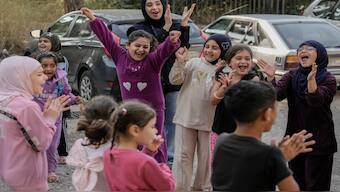 Displaced children take part in activities for mental healthcare, organized by the International Medical Corps, at a shelter housing them in Dekwaneh, east Beirut, Lebanon, on November 7, 2024. AP File
