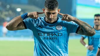 Nikolaos Karelis of Mumbai City FC celebrates after scoring a goal against Kerala Blasters. ISL Media 