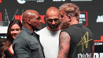 Mike Tyson in a staredown with Jake Paul two days before their highly-anticipated showdown in Arlington, Texas. AP