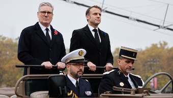 French President Emmanuel Macron, right, and Britain's Prime Minister Keir Starmer look on upon their arrival on the Place de l'Etoile to attend commemorations marking the 106th anniversary of the November 11, 1918, Armistice, ending World War I, in Paris, Monday, Nov. 11, 2024. File Image: AP