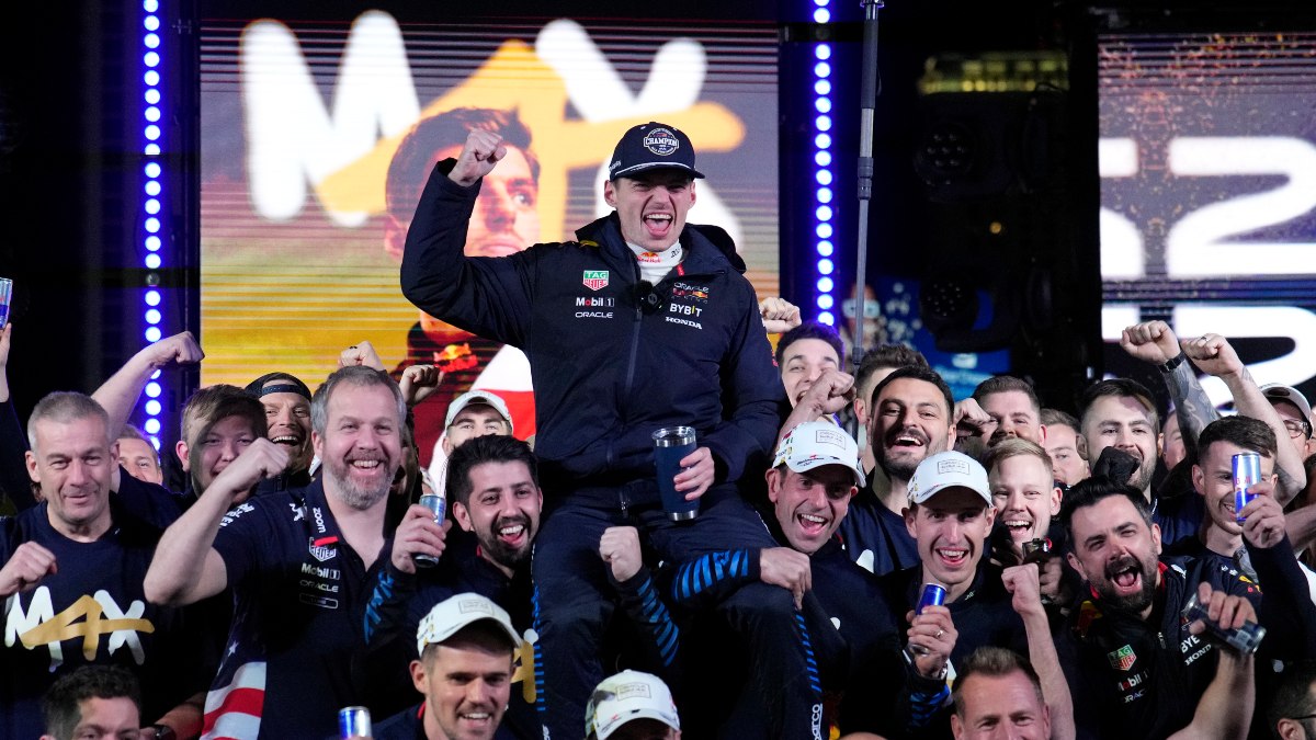 Max Verstappen celebrates with the rest of the Red Bull Racing team after clinching his fourth consecutive F1 driver's title. AP Max Verstappen celebrates with the rest of the Red Bull Racing team after clinching his fourth consecutive F1 driver's title. AP