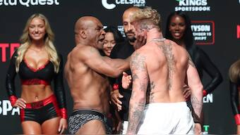 Mike Tyson slapped Jake Paul at the formal weigh-in, one day before their boxing match. Image: Reuters