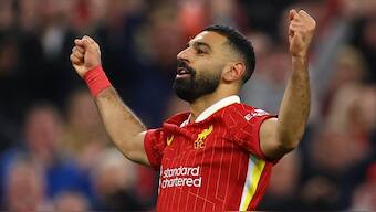 Liverpool's Mohamed Salah celebrates after scoring against Brighton in the Premier League. Reuters 
