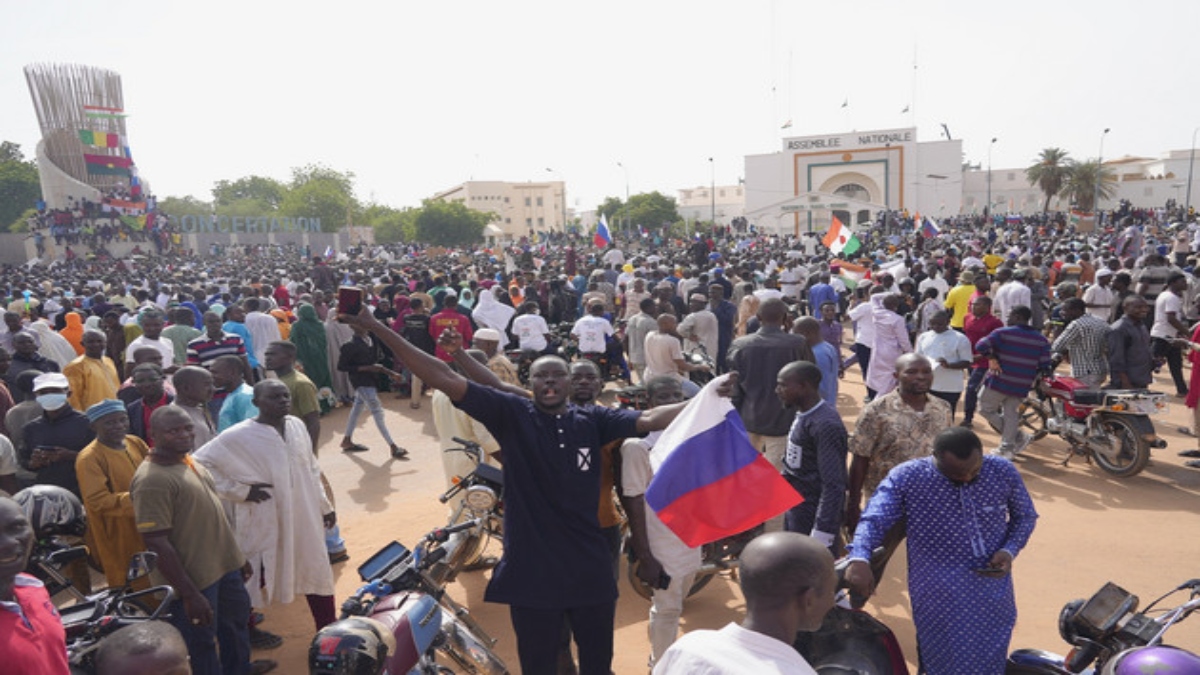 Nigeriens, some holding Russian flags, participate in a march in Niamey, Niger, on July 30, 2023. Islamist militants are sowing chaos across regions of Niger, Burkina Faso and Mali and are setting their sights farther south in coastal West Africa. AP File Nigeriens, some holding Russian flags, participate in a march in Niamey, Niger, on July 30, 2023. Islamist militants are sowing chaos across regions of Niger, Burkina Faso and Mali and are setting their sights farther south in coastal West Africa. AP File