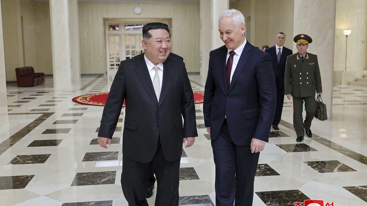 In this photo provided by the North Korean government, North Korean leader Kim Jong Un, left, meets Russian Defense Minister Andrei Belousov in Pyongyang, North Korea Friday, Nov. 29, 2024. Independent journalists were not given access to cover the event depicted in this image distributed by the North Korean government. The content of this image is as provided and cannot be independently verified. Korean language watermark on image as provided by source reads: "KCNA" which is the abbreviation for Korean Central News Agency. (Korean Central News Agency/Korea News Service via AP) In this photo provided by the North Korean government, North Korean leader Kim Jong Un, left, meets Russian Defense Minister Andrei Belousov in Pyongyang, North Korea Friday, Nov. 29, 2024. Independent journalists were not given access to cover the event depicted in this image distributed by the North Korean government. The content of this image is as provided and cannot be independently verified. Korean language watermark on image as provided by source reads: "KCNA" which is the abbreviation for Korean Central News Agency. (Korean Central News Agency/Korea News Service via AP)