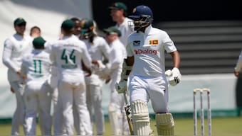 Sri Lanka's Pathum Nissanka leaves the field after getting dismissed by Kagiso Rabada on Day 2 of the first Test between South Africa and Sri Lanka in Durban.AP